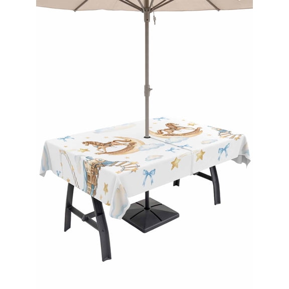 Outdoor Tablecloth with Umbrella Hole for Patio/Picnic/Party/Camping, Blue Pink Waterproof Table Cloth Rectangle Table Cover Washable, Cute Hobbyhorse Train Cloud Star Cartoon (60"x 102")
