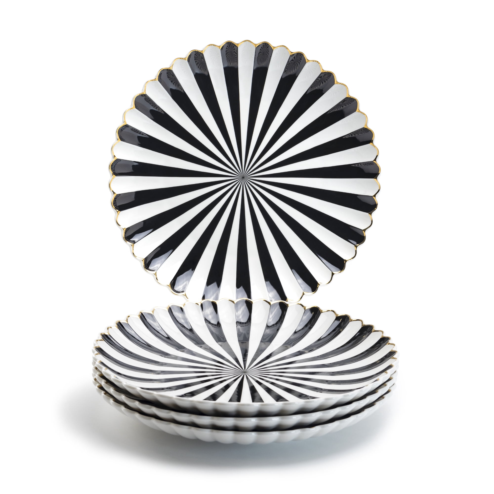 Grace Teaware Black and White Scallop Fine Porcelain 10.75in Dinner Plates Set of 4