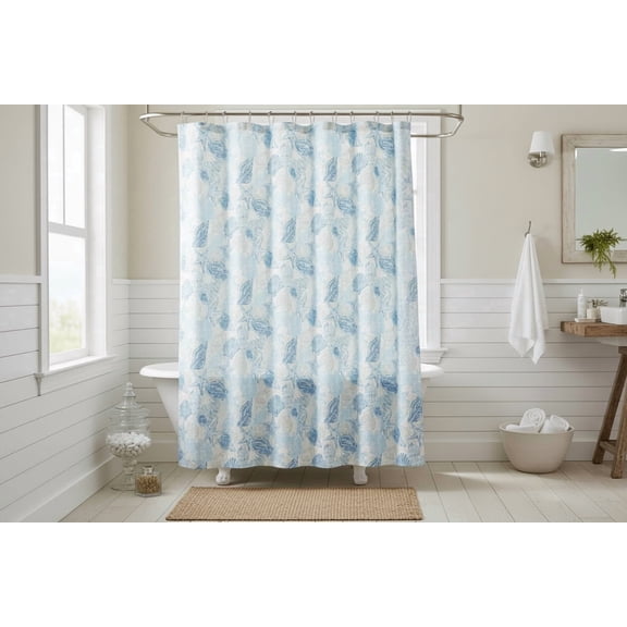 Serafina Home Fabric Ocean Sea Life Shower Curtain for Bathroom: Shells Coral Star Fish in Neutral Marine Blues and Tans