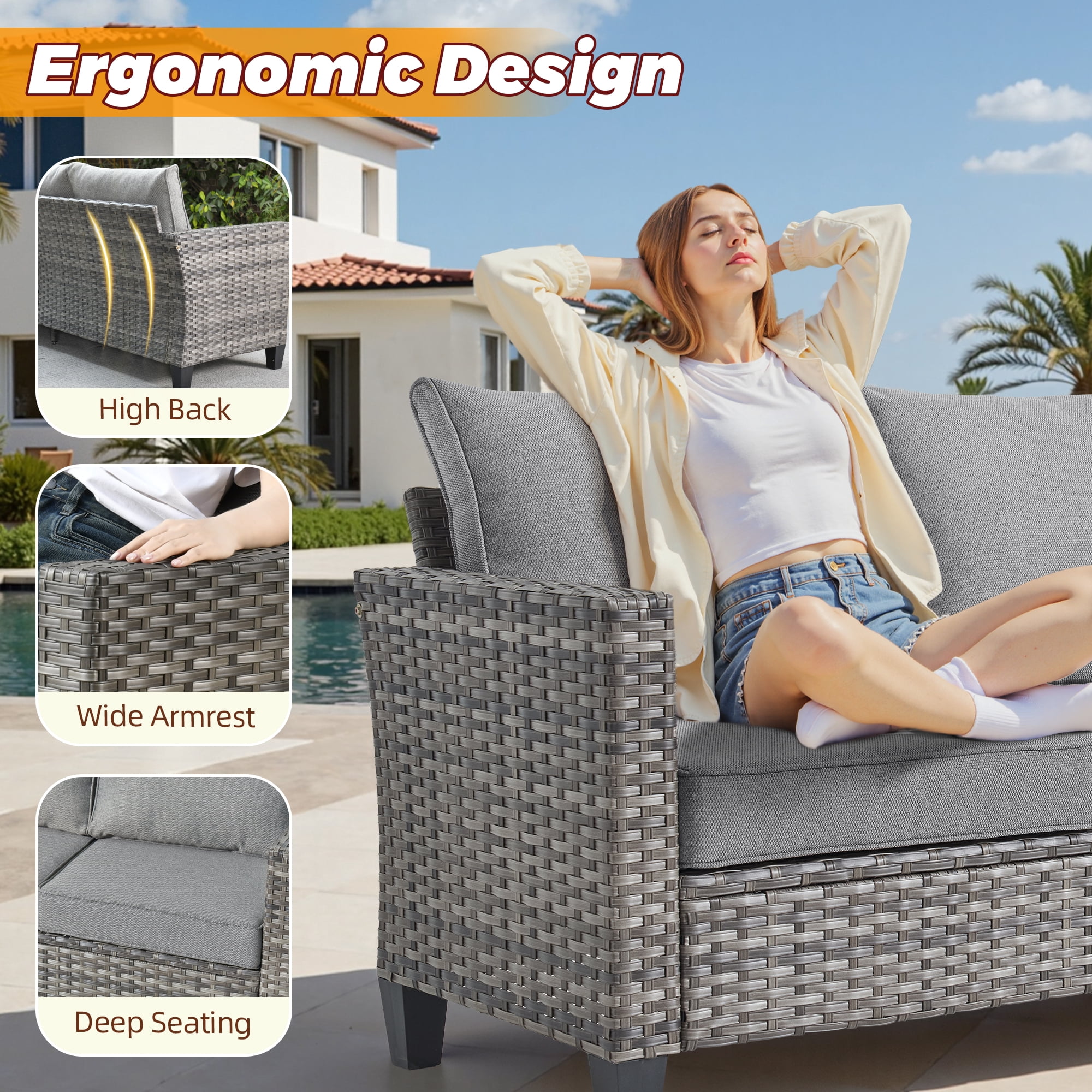 XIZZI Outdoor Patio Furniture Sets with Solar Coffee Table, All-Weather Wicker Rattan Outdoor Furniture Conversation Set for Porch, Patio, Backyard-Dark Gray
