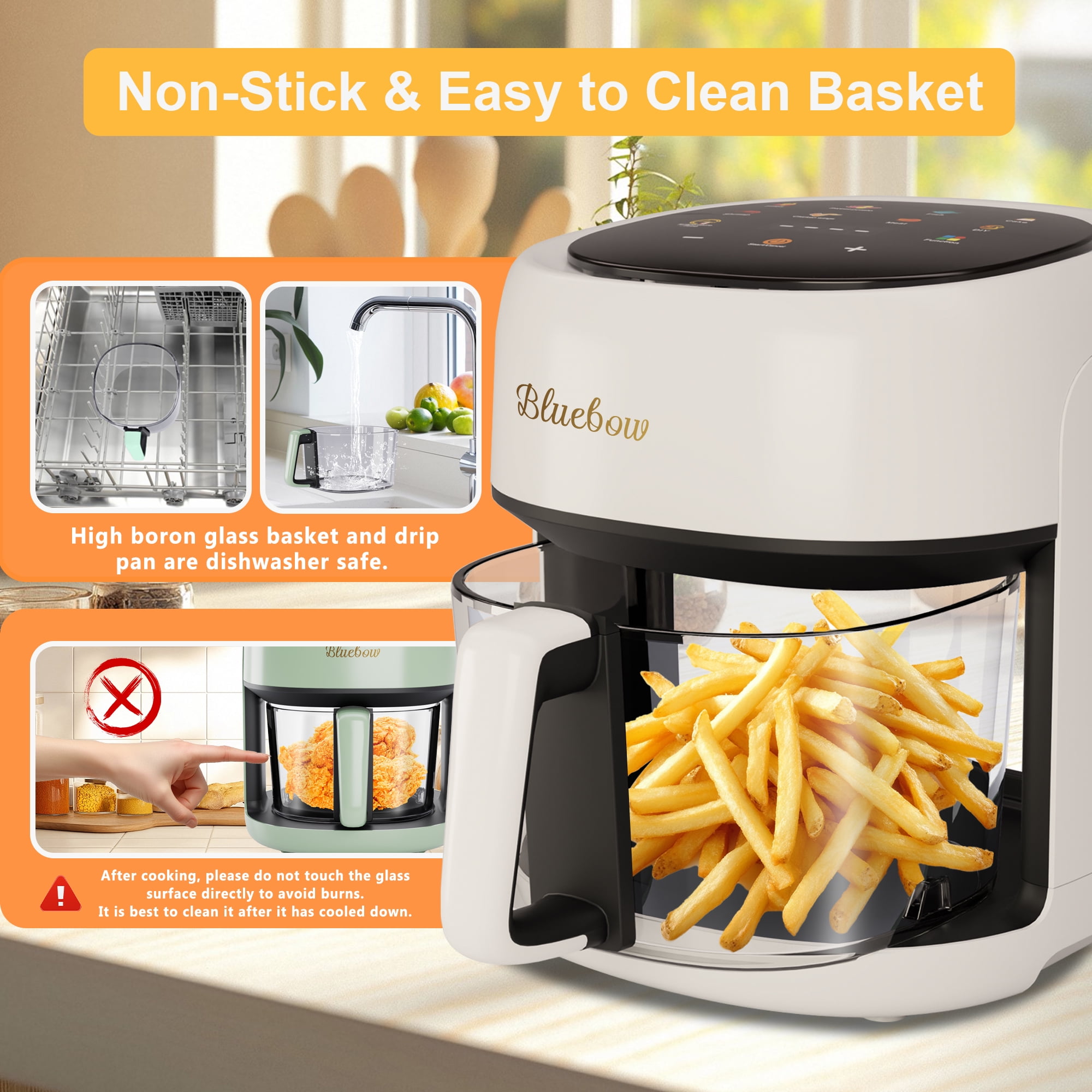 Bluebow 5 Quart Air Fryer with 360° Viewing Glass Pot, 8-in-1 Digital Touchscreen, Nonstick & Dishwasher Safe Basket, Less Oil, 1350W (White)