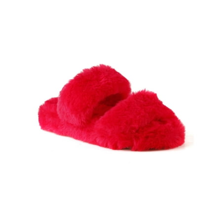 

Furry Double Strap Women s Slide Sandals in Red