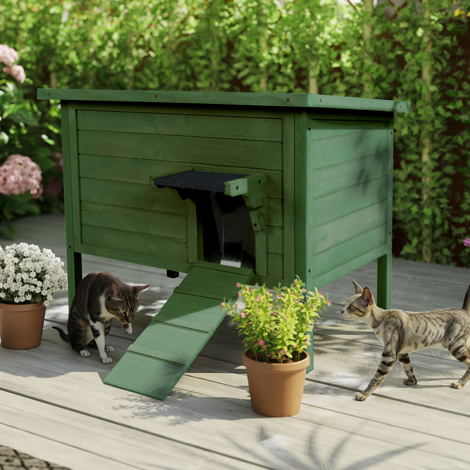 Hidpriva Insulated Wooden Outdoor Cat House, Weather-Resistant Feral Cat Shelter for Winter w/ Foldable Ladder & Visible Window, Dark Green