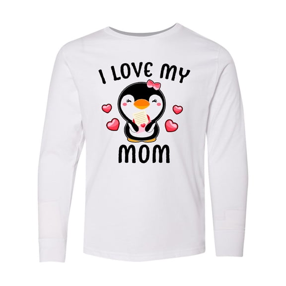 Inktastic I Love My Mom with Cute Penguin and Hearts Long Sleeve Youth T-Shirt