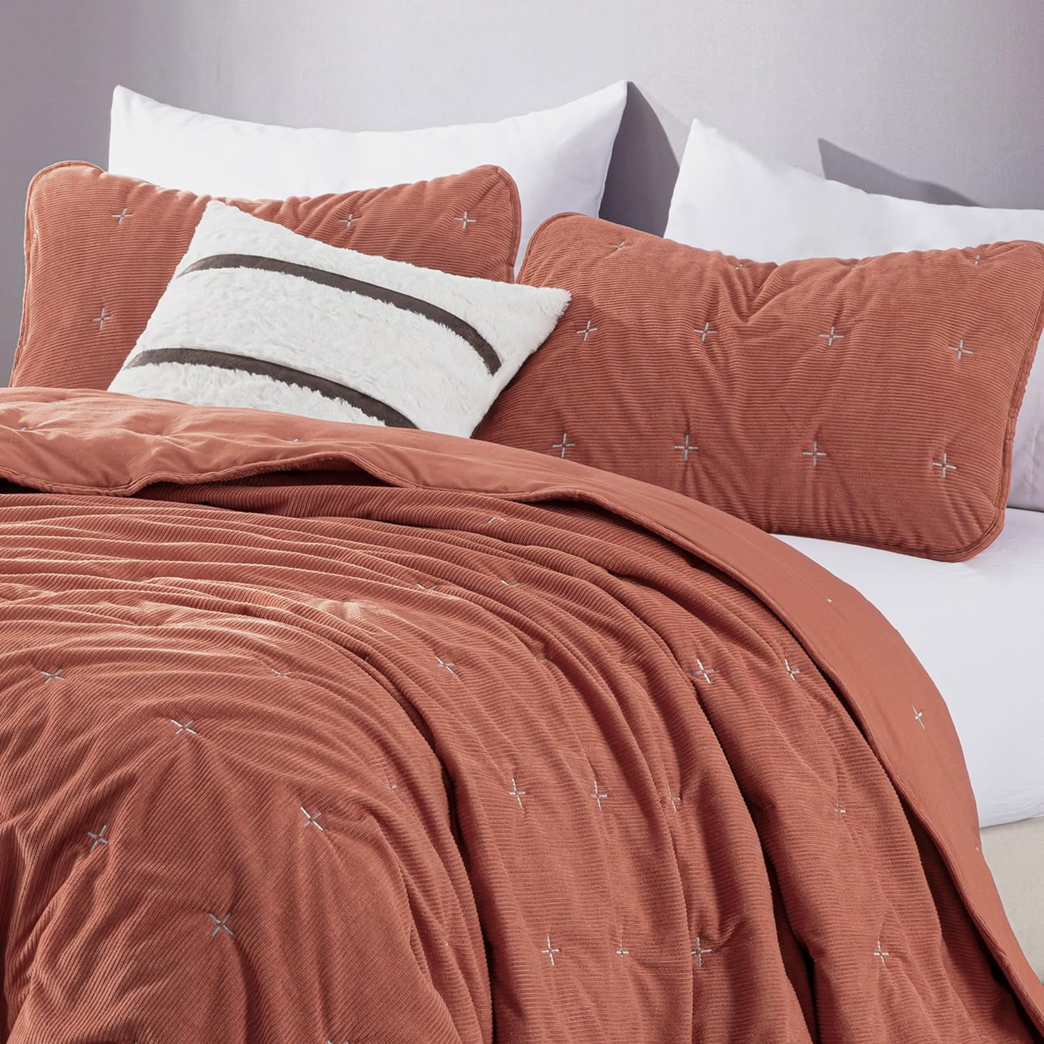 Chezmoi Collection Corduroy Queen Quilt Set Terracotta, 3-Piece Luxury Soft Cross Stitch Polyester Corduory Lightweight Bedspread, 1 Quilt 90 in x 94 in and 2 Pillow Shams 20 in x 26 in