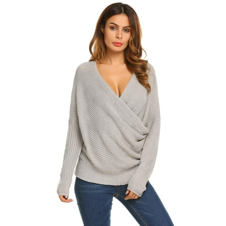 Women Casual Long Sleeve Solid Loose Wrap Front V-Neck Cable Knit Pullover Sweater HFON