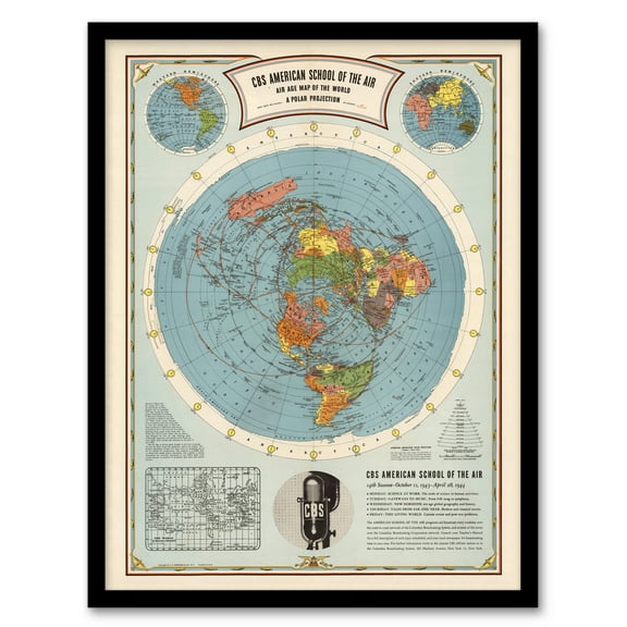 Flat Earth American School Of The Air Age World Map Polar Projection Radio Vintage Advert Artwork Framed Wall Art Print A4
