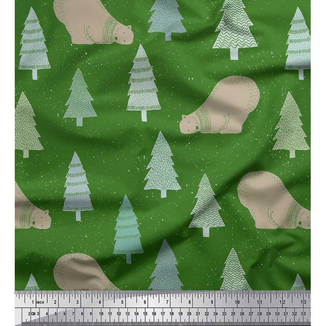 Soimoi Green Poly Georgette Fabric Bear & Tree Christmas Print Fabric by the Yard 52 Inch Wide