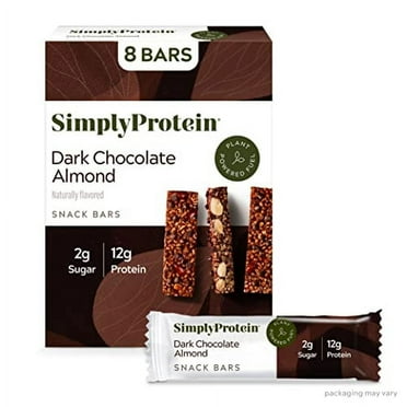 Simply Protein Dark Chocolate Almond Protein Bars, Vegan Protein Bars Low Sugar High Protein, Gluten Free, 8 Pack