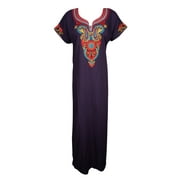 Mogul Womens Caftan Nightgown Neck Embroidered Bohemian Indian Cotton Short Sleeve House Dress Maxi Cover Up Holiday Kaftan