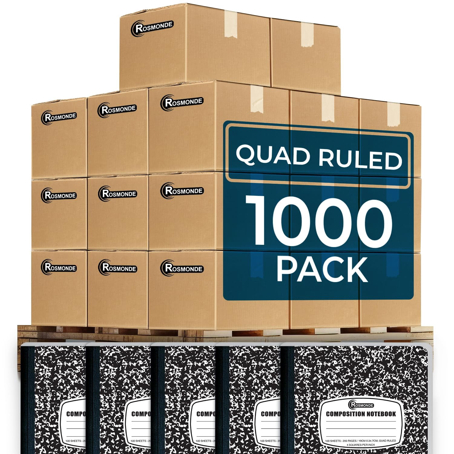 Rosmonde Composition Notebooks Bulk Pallet, 1000 Pack, Quad Ruled, 200 Pages (100 Sheets), 9.75 x 7.5 in, Marble Cover, Bulk Notebooks for School & College Use, 4–7 Day Transit