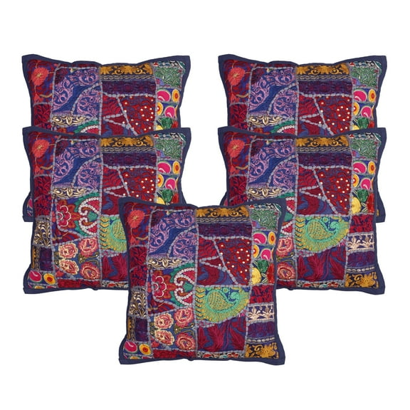 Stylo Culture Indian Chair Seat Throw Pillow Covers 16 x 16 Vintage Patchwork Dark Blue Bohemian 40 x 40 cm Home Decor Cotton Floral Square Cushion Covers | Set Of 5