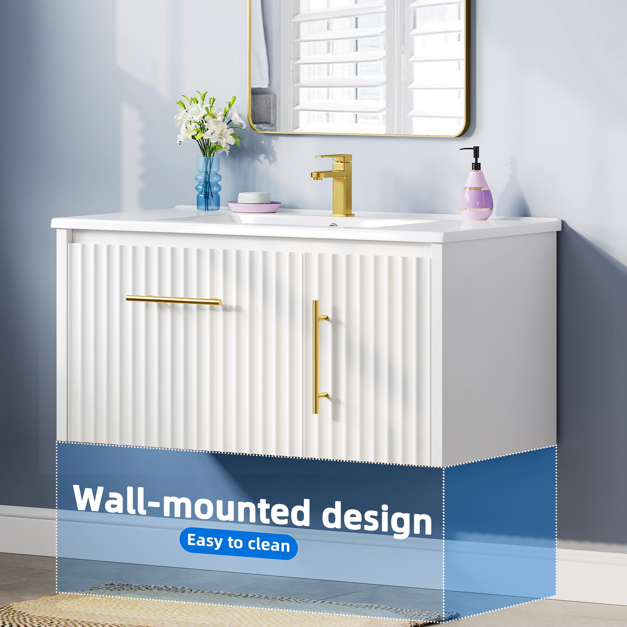 Uforic 36 Inch White Bathroom Vanity with Sink, Wall Mounted Bathroom Sink Storge Cabinet with Drain