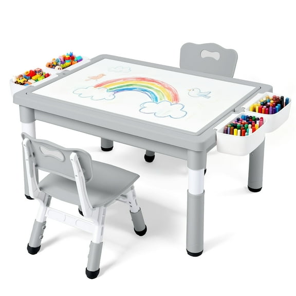 LINLUX Kids Table and Chair Set, 3 in 1 Activity Table for Children w/ Removable Tabletop, Gray