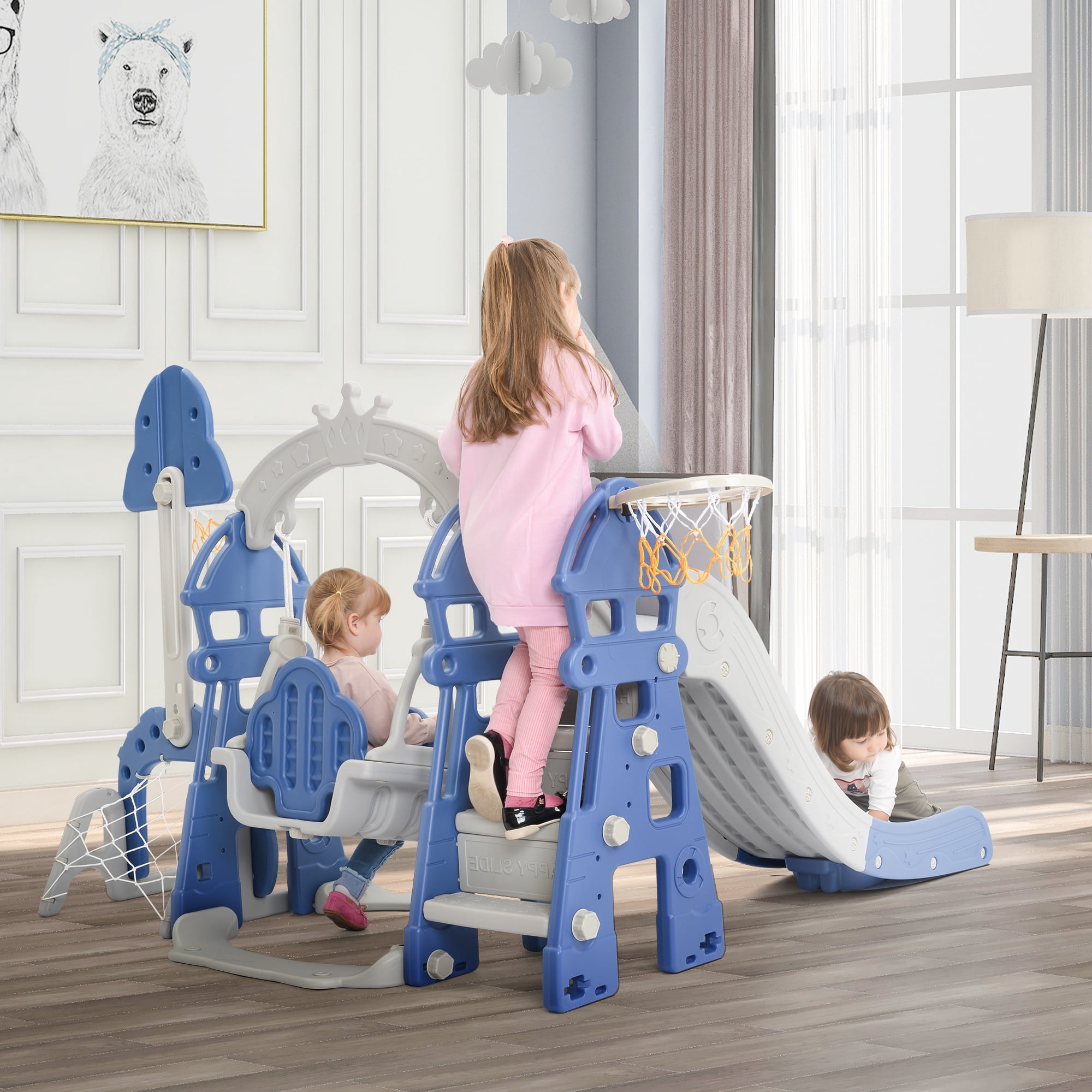 EUROCO 6 in 1 Toddle and Swing Set with Adjustable Swing and Slide Height, Rocket Swing Set with Basketball Stand