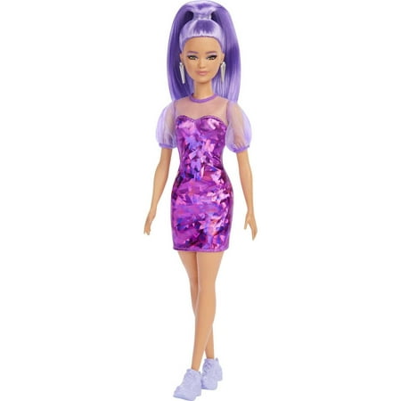 Barbie Fashionistas Doll #178, Petite, Long Purple Hair & Purple Metallic Dress & Purple Sneakers