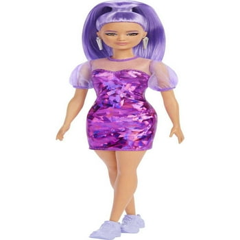 Barbie Fashionistas Doll #178, Petite, Long Purple Hair & Purple Metallic Dress, Sheer Bodice & Sleeves, Purple Sneakers, 3 to 8 Years Old