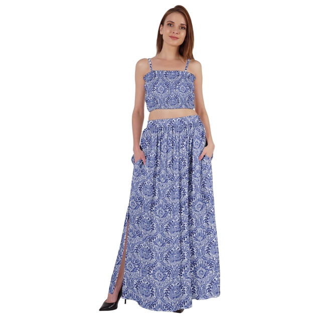 Bimba 2 Pcs Robe de Plage Aguichant pour Femmes Imprimée Smockée Crop Top & Longue Jupe Ensemble