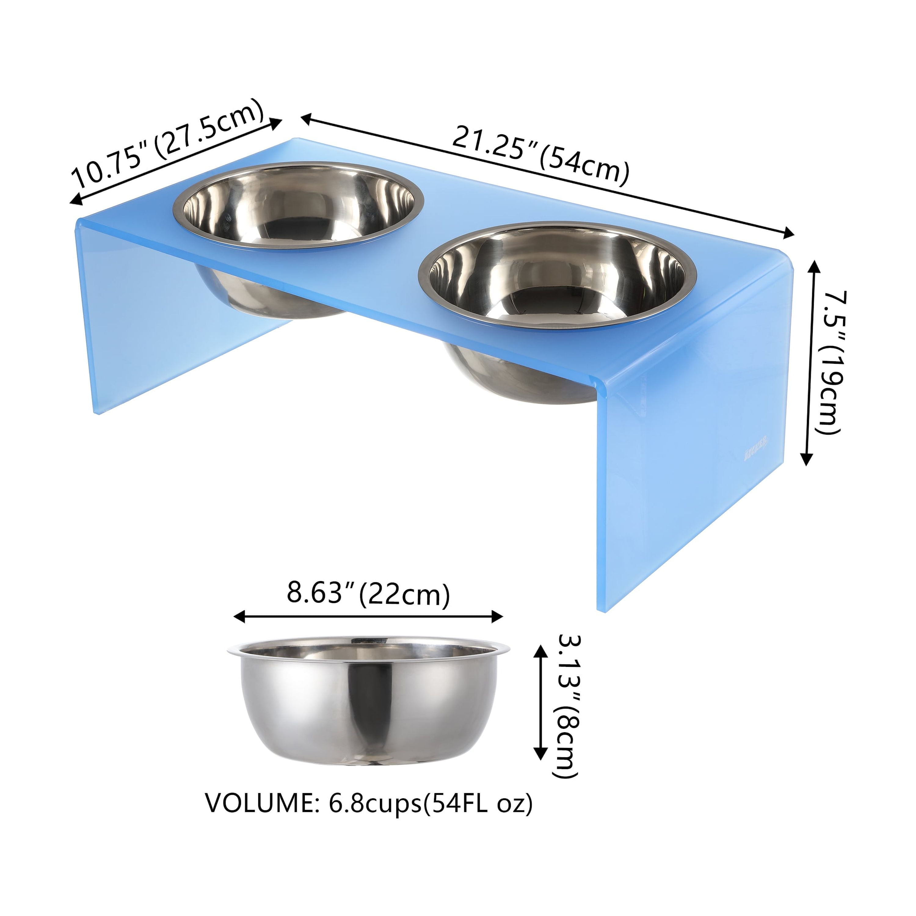 THE LICKER STORE Keaton 7.5" Medium/Large Modern Acrylic Rectangular Elevated Pet Feeder with 54oz 2-Stainless Steel Bowls, Blue/Chrome, DBL2001C