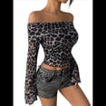 thumbnail image 3 of Blusa Corta Y2K con Estampado de Leopardo, Hombros Descubiertos, de , Transparente, Ajustada, de Larga y Puños Acampanados. Negro L, 3 of 10