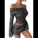 thumbnail image 3 of Blusa Corta Y2K con Estampado de Leopardo, Hombros Descubiertos, de , Transparente, Ajustada, de Larga y Puños Acampanados. Negro L, 3 of 10