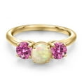 thumbnail image 3 of Gem Stone King 18K Yellow Gold Plated Silver White Ethiopian Opal and Pink Moissanite Engagement Ring for Women | 1.56 Cttw | Round Cabochon 6MM | Gemstone October Birthstone | Size 9, 3 of 6