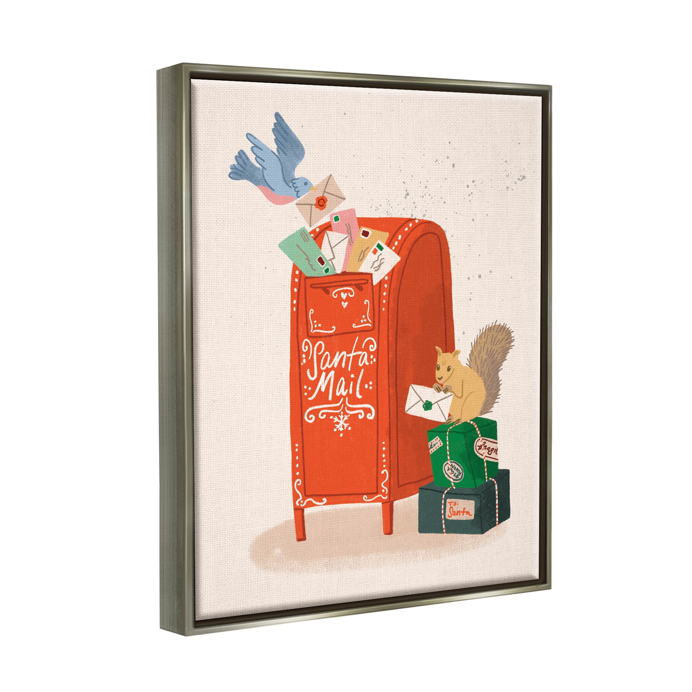 Stupell Industries Santa Mail Holiday Parcels Letters Graphic Art Luster Gray Floating Framed Canvas Print Wall Art, Design by Kristina Hultkrantz