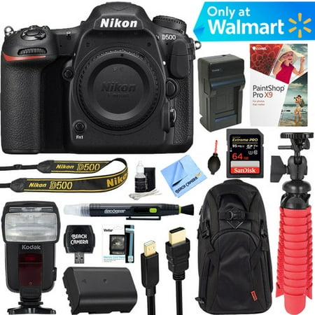 Nikon D500 20.9 MP CMOS DX Format Digital SLR Camera with 4K Video Body Bundle with 64GB Memory Card, Automatic TTL Flash, Paintshop Pro 2018 and Accessories (14 Items)