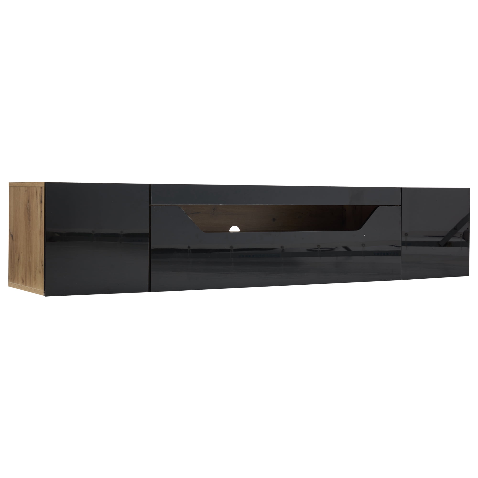 Homy Casa meuble TV flottant 64,9 po pour téléviseurs jusqu’à 65 po, console murale avec DEL par appli, noir lustré et chêne