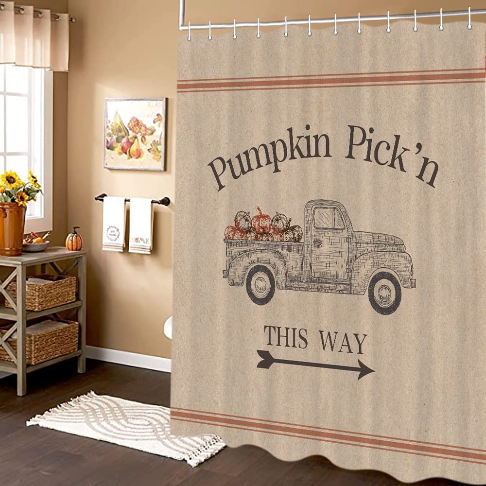 Fall Pumpkin Shower Curtains for Bathroom, Vintage Autumn Thanksgiving Country Fabric Shower Curtain Set, Halloween Farmhouse Bathroom Accessories Decor, Hooks Included (69" W X 72" H)