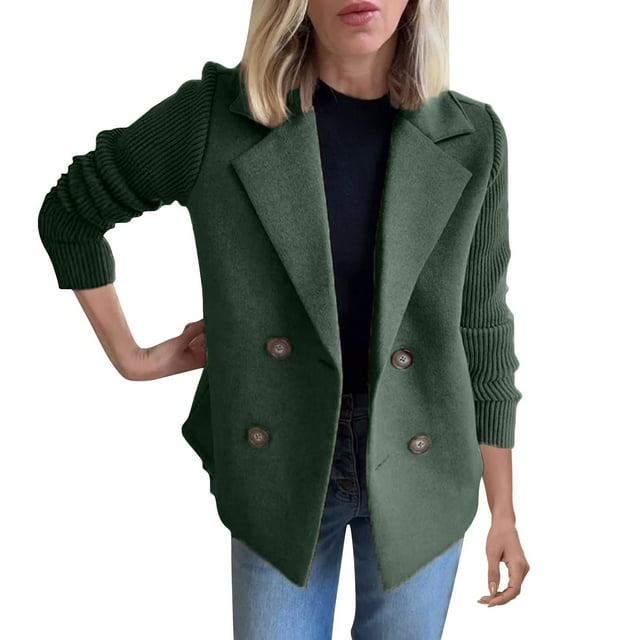 Duoif Veste pour Femmes, Manteau Décontracté à Manches Patchwork Tricoté à Revers, Veste Courte à Double Boutonnage pour Femmes Vert P