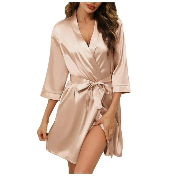 DuoJiaJ Women's Bride Bridesmaids Robe Short Satin Kimono Robes For Wedding & Bridal Party Silk Bathrobes For Women Plus Size Satin Pajamas Women Beige