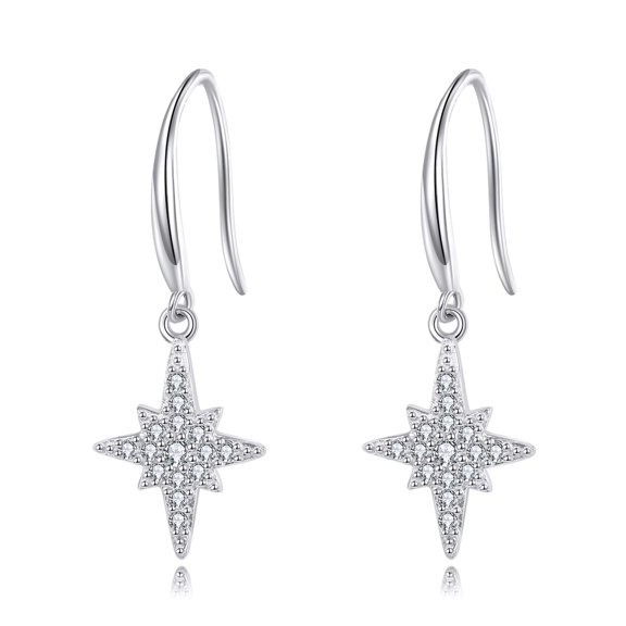 MYSTICPOEM Star Dainty Earrings S925 Sterling Silver Zircon Dangle Hypoallergenic Jewelry for Women