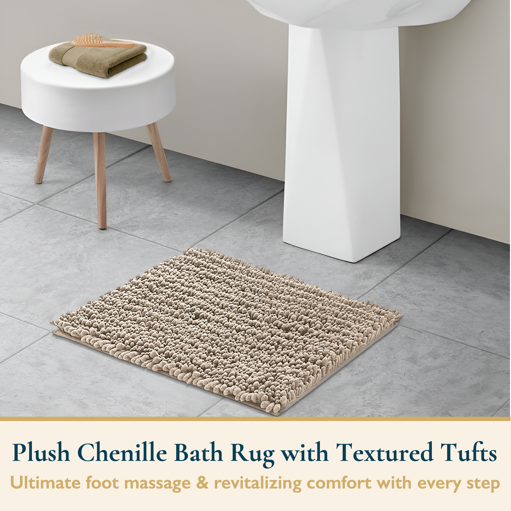 ComfiTime Chenille Bath Mat, 20W x 24L, White, Non-Slip photo 2