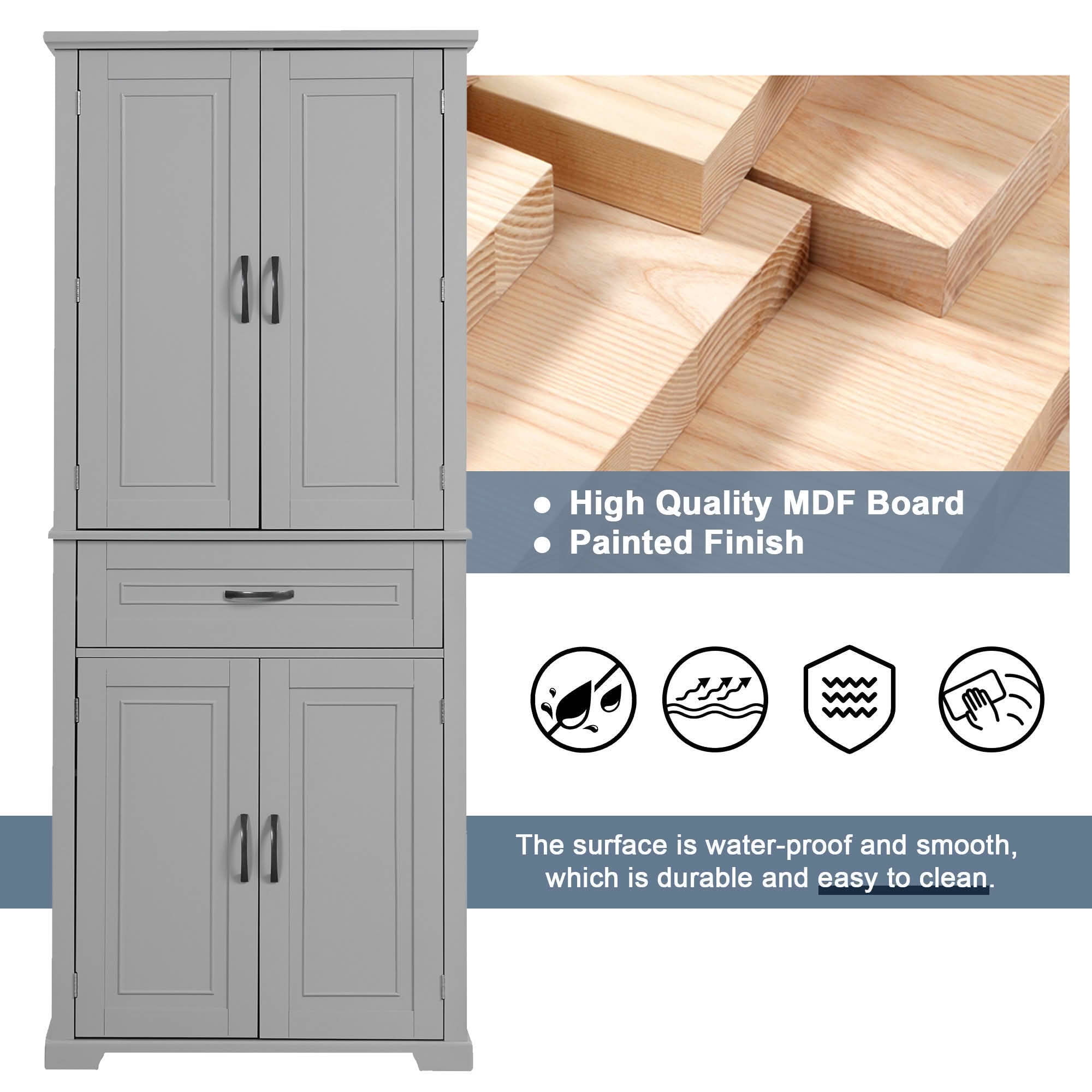 MAYEERTY Bathroom Cabinet Doors Drawer Multiple Storage Adjustable Shelf Gray