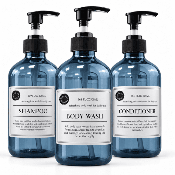 Refillable Plastic Pump Bottles for Lotion, Liquid Soap and Shampoo, Blue, 500 mL Each, 3 Pack