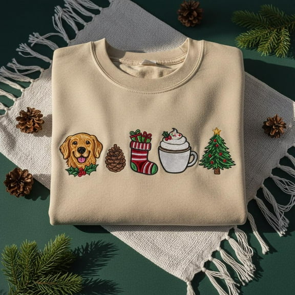 Golden Retriever Christmas Embroidered Sweatshirt, Dog Holiday Crewneck, Xmas Dog Hoodie, Festive Pet Lover Gift, Christmas Icons Shirt