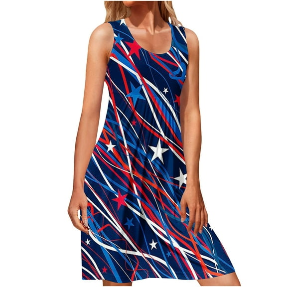 Wycnly Dresses for Women Fashion High Waist Pleated Swing Independence Day Patriotic Tank Dresses Crewneck Sleeveless Star Striped Print Summer Mini Formal Dress Dark Blue l