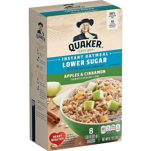 Quaker Instant Oatmeal Apple Cinnamon, Lower Sugar, 8 Count