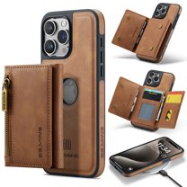 ELEHOLD for iPhone 15 Detachable Wallet Case Premium PU Leather 2-in-1 Magnetic Removable Zipper Card Holders RFID Blocking Logo Hollow View Shockproof Protection Kickstand Case,brown