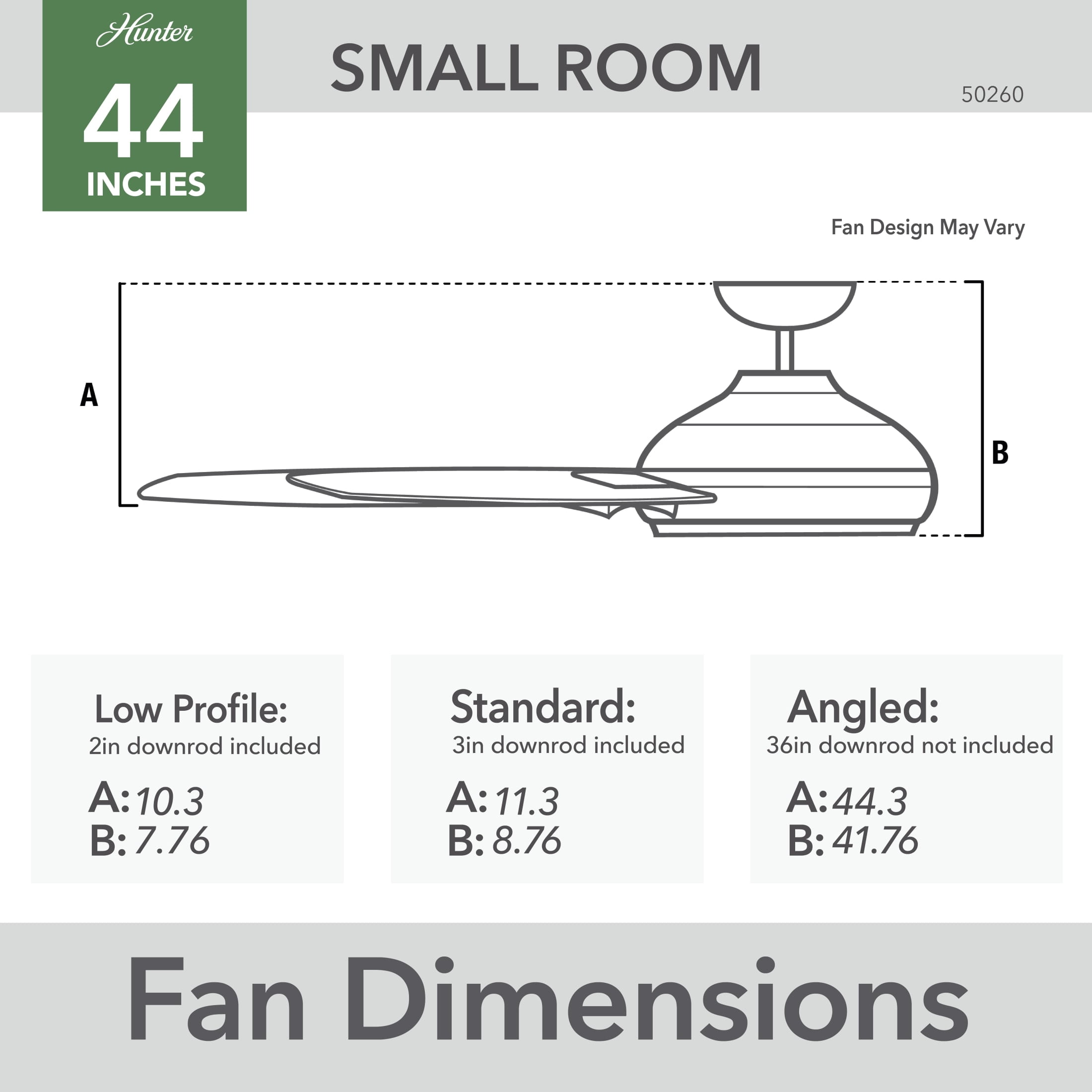 Hunter 44 inch Outdoor or Indoor Ceiling Fan No Light - Black Ceiling Fan without Light, For Patio, Porch, Garage, or Living Room, Standard Mount, 3 Blades, Pull Chain - Cassius 50260, Matte Black