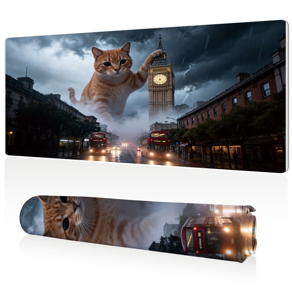 LIVEKEY Giant Cat Big Ben Mouse Pad 80x40x0.3cm Extra Large Full Desk Coverage Non Slip Surface Durable Easy Clean Stitched Edges for Gaming and Office