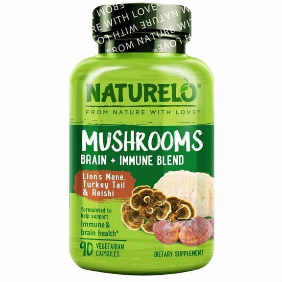 NATURELO Mushroom Supplement – Brain & Immune Health Blend with Lion’s Mane, Reishi, Turkey Tail – 90 Vegan Friendly Capsules