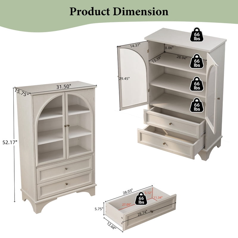 Aisword 52.17"H Arched Glass Door Curio Cabinet with 2 Drawers & Adjustable Shelf, Display Storage Cabinet for Living Room,Bedroom,Office,Vintage White