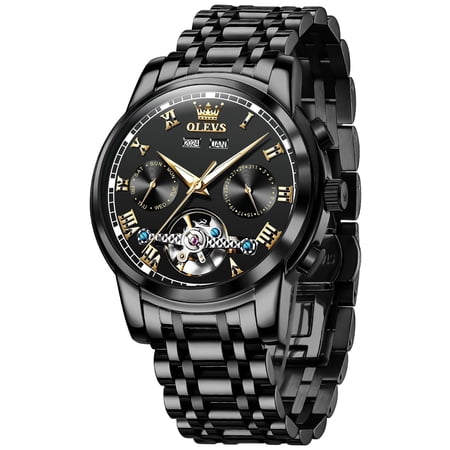OLEVS Automatic Watches for Mens Self-Winding Mechanical Chronograph Classic Fashion Business Tourbillon Skeleton Stainless Steel Waterproof Luminous Mens Wrist Watches Reloj Para Hombre