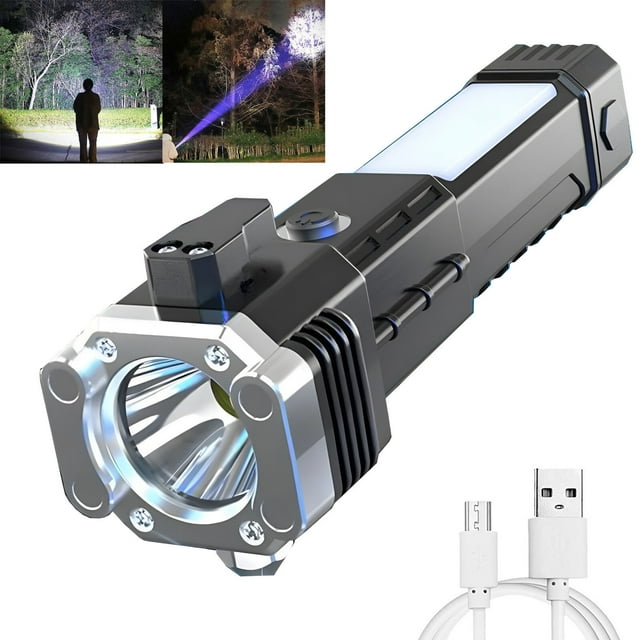Multifunctional car safety hammer strong light flashlight, emergency escape flashlight tool, LED high lumen rechargeable solar emergency rescue tool flashlight, suitable for indoor and outdoor