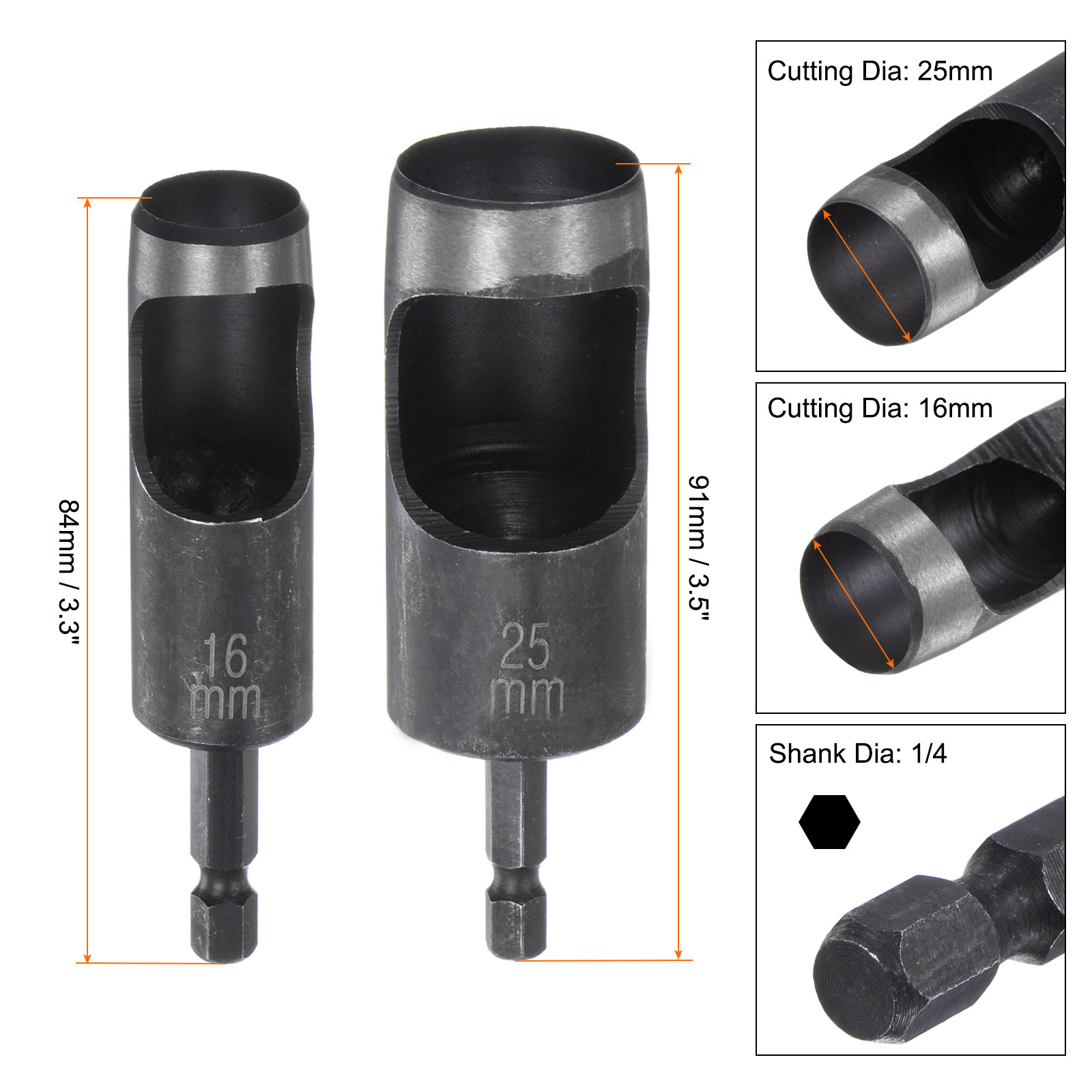 Uxcell 2pack 16mm,25mm Leather Hollow Hole Punch with 1/4" Hex Shank for Drill, Belt Hole Punch Punching Cutter Tool