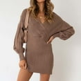 thumbnail image 4 of BSDJILFG Short Sweater Dress for Women Fall Mini Dress Long Sleeve V-Neck Bodycon Soft Cotton Knitted Wrap Cocktail Dress Winter, 4 of 9