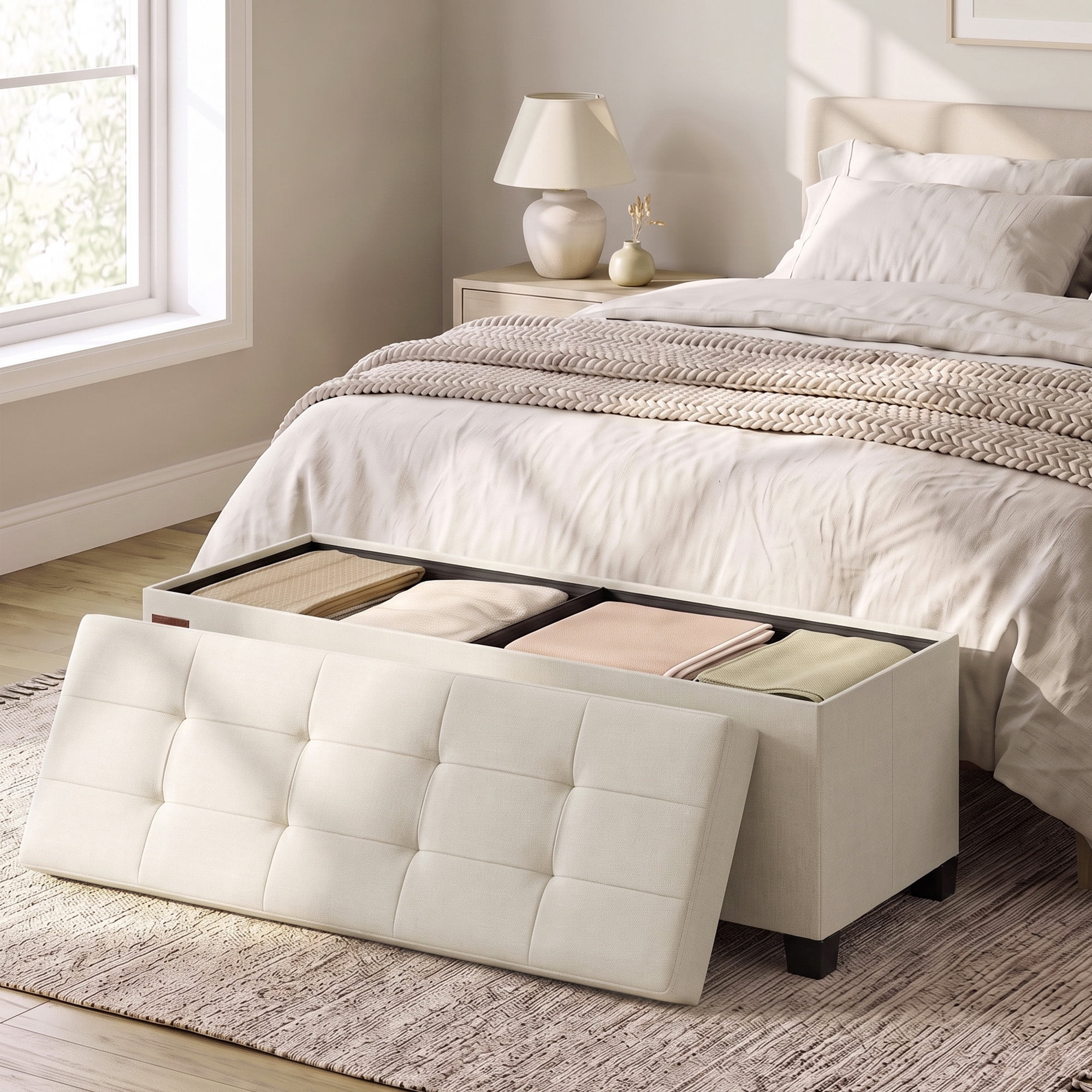 Ledrem Luxury Folding Storage Ottoman Bench with Footrest, Cream White, 43" Large