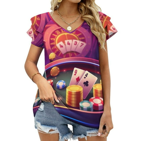 Casino Gambler Poker Pattern Lotus Leaf Neck T-Shirt Long Sleeve Women's T Shirt Elegant Fashion Tops